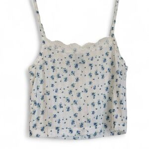Dazy White and Blue Cropped Floral Tank Top Cami with Lace Trim Size Small